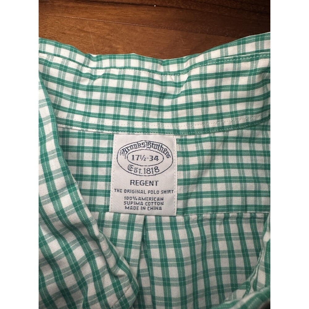 BROOKS BROTHERS Regent Non Iron Green Check Dress Shirt 17.5 - 34